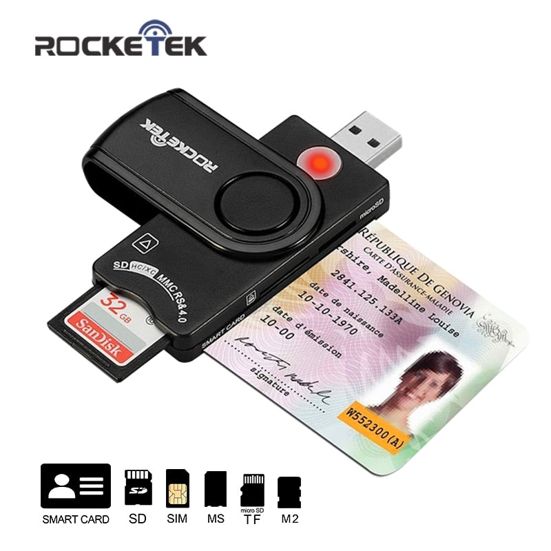 Rocketek USB Multi Smart Card Reader SD/TF MS M2 Micro SD, adapter includ